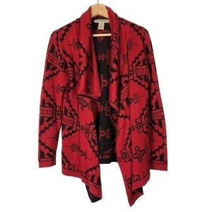 Cotton Emporium Red Tribal Print Drape Front Cardigan Sweater S